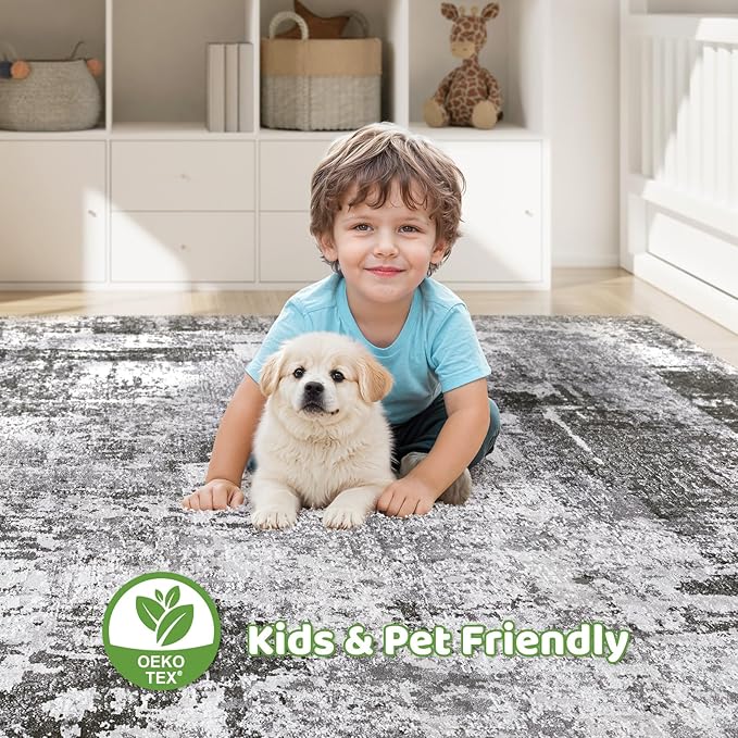 8x10 Area Rugs Living Room: Washable Large Abstract Modern Soft Rug Stain Resistant Indoor Floor Non Slip Accent Carpet for Bedroom Nursery Playroom Office Dining Room Dorm Home House- Black Grey