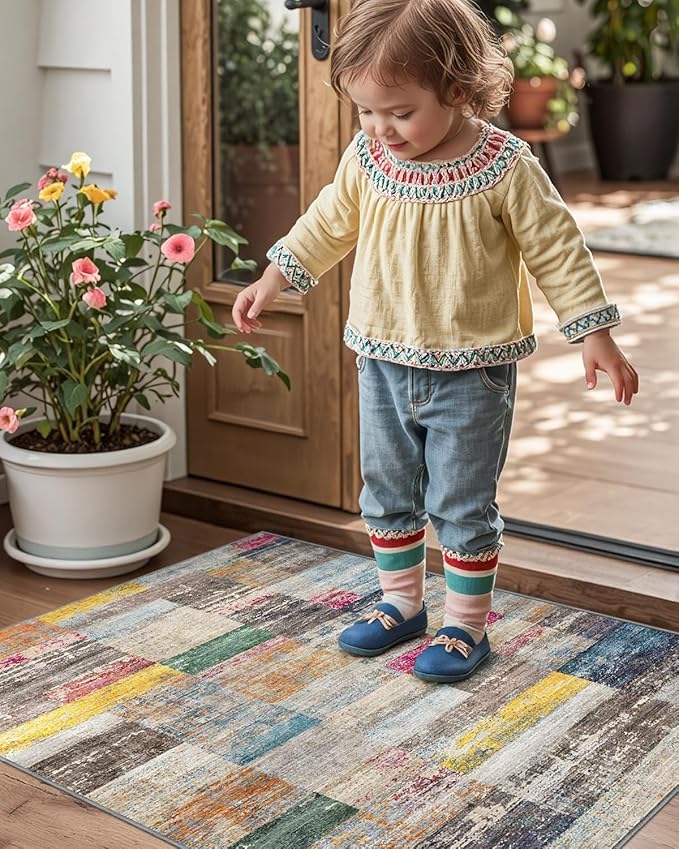 LUMI Ultra Thin Door Mat, 24x36 Non Slip Indoor Doormat Entrance Washable Rugs Entryway Oriental Vintage Soft Carpet for Kitchen Bedroom Front Door, Multicolor