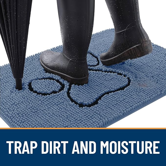 OLANLY Dog Door Mat for Muddy Paws 36x24, Paw Print Design, Absorbs Moisture and Dirt, Absorbent Non-Slip Washable Doormat, Quick Dry Chenille Mud Mat, Entry Indoor Entryway Carpet, Airy Blue