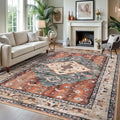 KOZYFLY Boho Area Rug 8x10 Ft Thin Rugs for Living Room Washable Bedroom Rug Non Slip Rugs for Living Room Rust/Orange/Blue Printed Faux Wool Vintage Bedroom Rug Floor Carpet for Dining Room