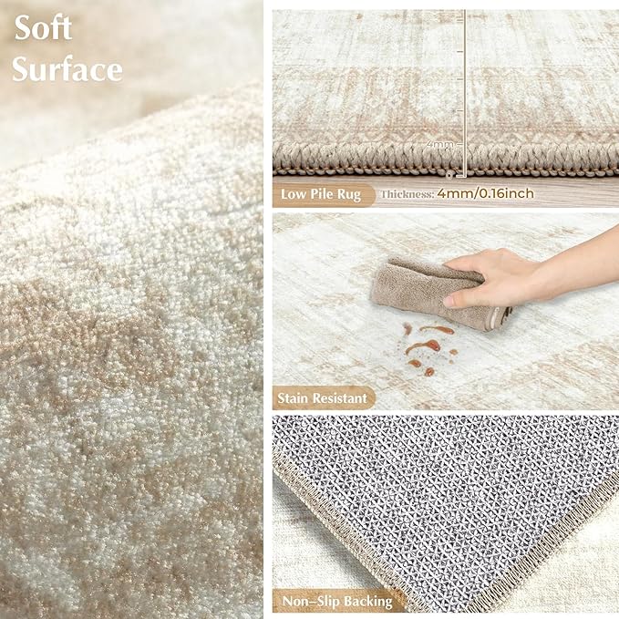 Vintage Living Room Area Rug - 8x10 Large Machine Washable Boho Moroccan Distressed Farmhouse Rugs for Bedroom - Soft Non-Slip Indoor Floor Accent Rugs for Office Dining Room (Beige, 8'x10')