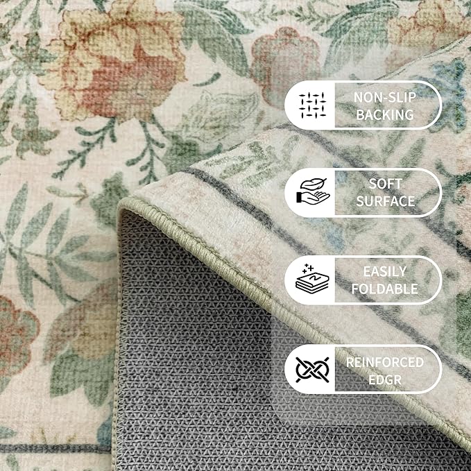 Washable Living Room Rug: 6x9 Boho Floral Soft Area Rug for Bedroom Decor - Vintage Low Pile Thin Carpet for Dining Room Non-Slip - Farmhouse Stain Resistant Rugs - Beige Green