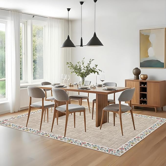 GarveeHome 4x6 Area Rugs for Bedroom Living Room Machine Washable Rugs Floral Bordered Small Carpet Non-Slip Stain Resistant Accent Carpet for Dining Room Table Apartment Office, Light Camel