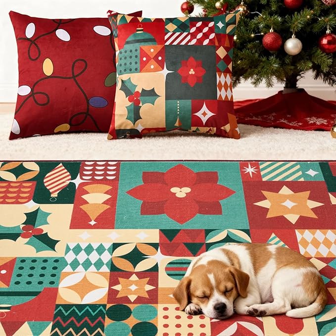 jinchan Christmas Runner Rug 2x6 for Entryway Washable Christmas Kitchen Rug Xmas Geometric Floor Mat for Hallway Non-Slip Soft Carpet Festive Red-Green Holiday Patch Decor for Bathroom Porch Bedside