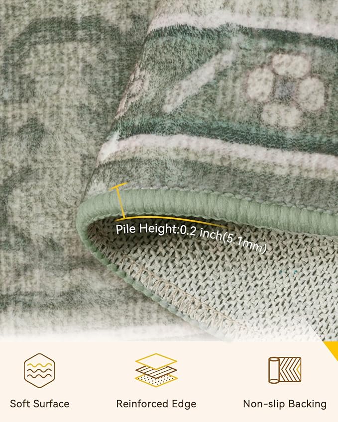 Area Rugs 3'x10' Washable Non-Slip, Floral Vintage Distress Print Pattern Medallion Carpet for Living Room Bedroom Dining Room, Dark Green Gray
