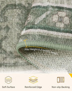 Area Rugs 4ft Washable Non-Slip, Floral Vintage Distress Print Pattern Medallion Carpet for Living Room Bedroom Dining Room, Dark Green Gray