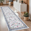 Washable Runner Rug 2.5 x 8 Non-Slip Non-Shedding Soft Vintage Bedside Low Pile Farmhouse Floral Carpet, Indoor Foldable Printed Entryway Rug for Hallway Kitchen, Light Blue