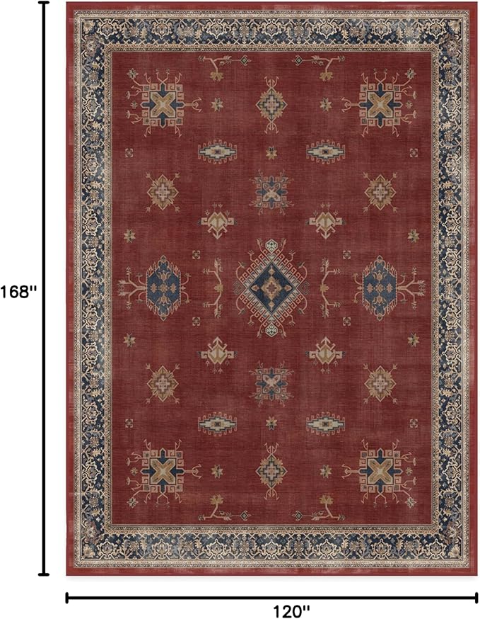 RUGGABLE Washable Vintage Area Rug – Verena Amber Red 10x14, Stain-Resistant, Non-Slip – Large Machine Washable Rugs for Living Room, Bedroom, Hallway, Entryway & Office–with Standard Pad