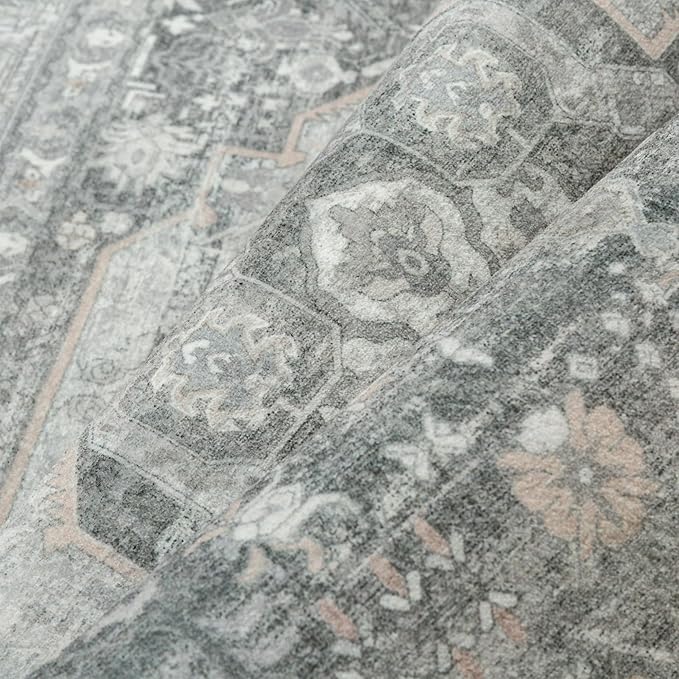 6x9 Grey Washable Vintage Area Rug for Living Room Bedroom Non Slip Distressed Traditional Soft Large Throw Rug Low Pile Lightweight Floral Carpet Office Indoor Playroom Dining Room