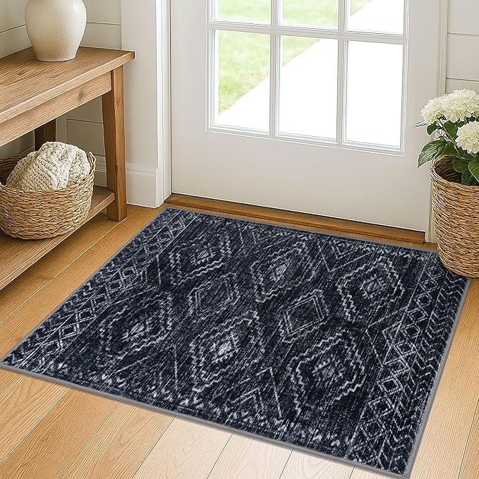 KILOCOCO Boho Entryway Rug 2x3 Printed Small Area Rug Indoor Door Mat Machine Washable Kitchen Rugs Super Soft Non Slip Throw Rugs for Bedroom Entrance Geometric Laundry Room, Black/Navy