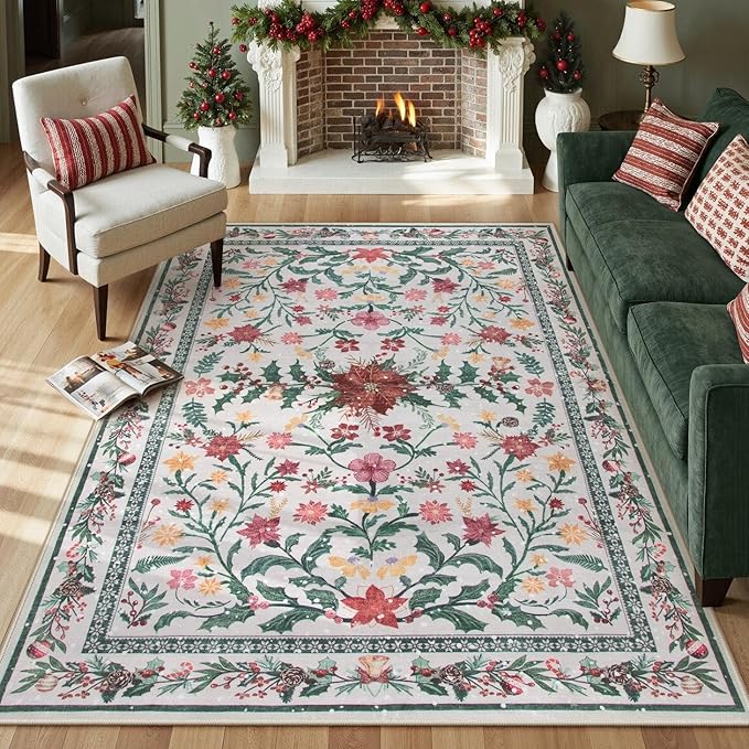 Lahome 5x7 Christmas Rug for Living Room, Boho Soft Rugs for Bedroom Decor Aesthetic, Washable Holly Berries Area Rug for Dining Room Fireplace Apartment Rustic Decor