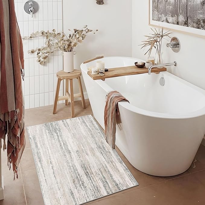 MUJOO Small Rug Washable,2x3 Area Rugs for Entryway Entry Entrance Bedroom Bathroom,Modern Abstract Low Pile Throw Rug,Front Door Mat Non Slip Accent Neutral Carpet Indoor Beige and Grey