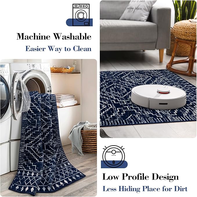 Wonnitar Moroccan Kitchen Runner Rugs, Non-Skid Washable Runner Rug 2x6, Bohemian Non-Shedding Soft Blue Hallway Runner, Geometric Low Pile Carpet Runner for Laundry Bath Entrance (Blue,2'x6')
