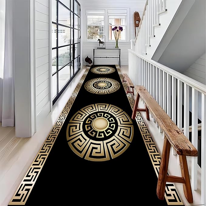Black Gold Geometric Hallway Runner Rug, 4x10ft, Vintage Greek Key Entryway Carpet, Baroque Style Pattern Machine Washable Carpets, Durable Non-Shedding Non-Slip Rugs for Dorm Nursery