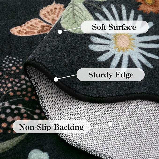 Lahome Floral Machine Washable Rug, 3x5 Rug Non Slip Soft Bedroom Rugs for Entryway Dorm, Ultra-Thin Boho Rugs for Living Room Stain Resistan Throw Carpet for Nursery Entrance, Black/Grey