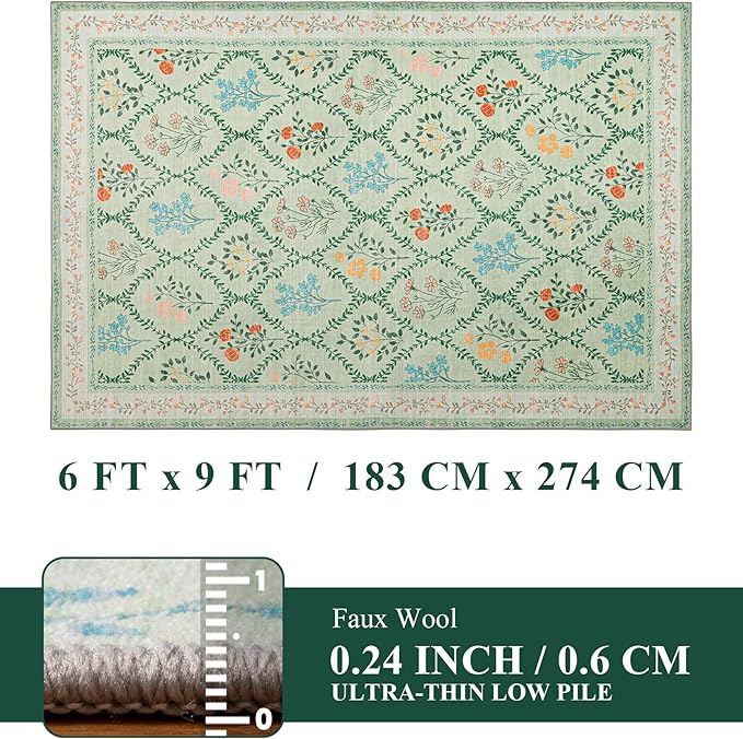 YIHOUSE 6x9 Washable Rug for Bedroom, Green Floral Rugs for Living Room Non Slip Ultra-Thin Large Boho Rug for Kids Playroom, Classroom, Girls Dorm, Nursery, Green Multi