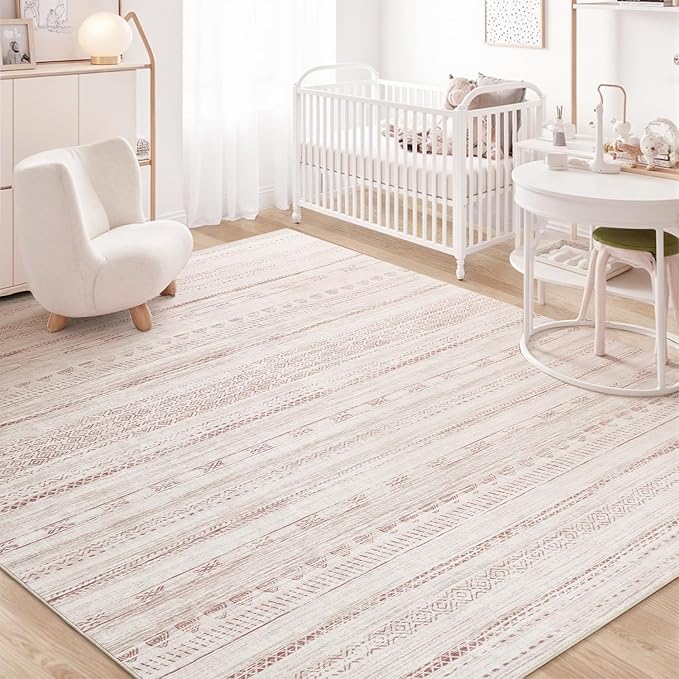 9x12 Pink Area Rugs for Living Room Machine Washable Rug Distressed Girls Nursery Rug Indoor Carpet Neutral Moroccan Boho Ultra Soft Area Rug for Bedroom Dining Room Playroom Office