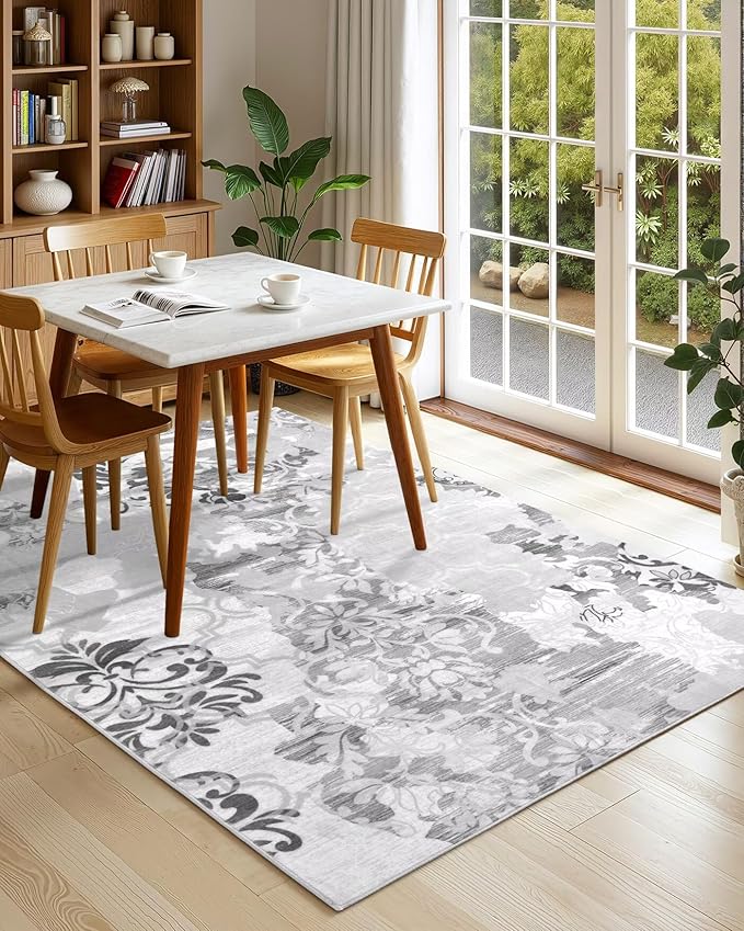 Washable Abstract Rug, 8x10 Classic Grey and White Floral Area Rugs with Non-Slip Rubber Backed for Living Room, Low Pile Modern Throw Carpet Bedroom Dining Room Decor