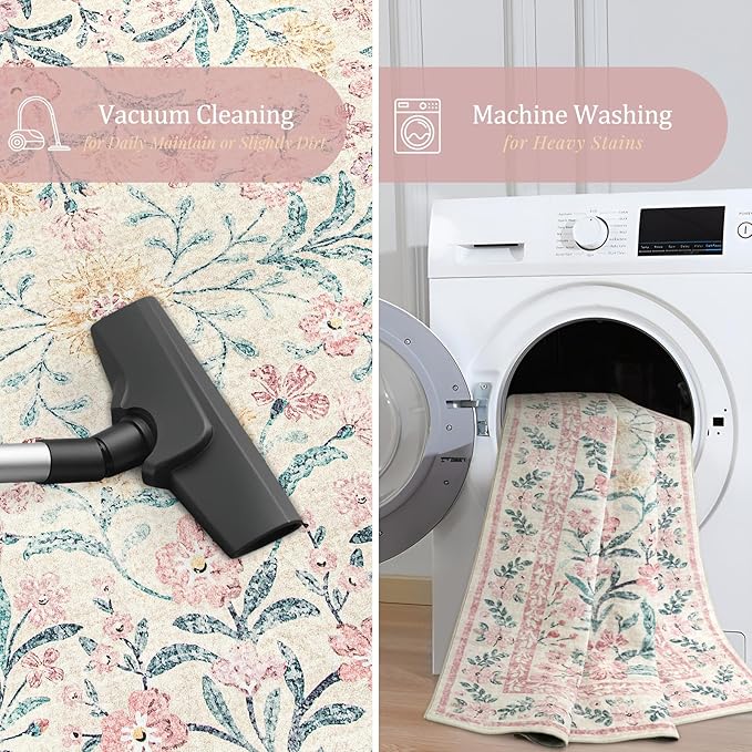 Morebes 6x9 Area Rugs for Living Room Non Slip, Washable Light Pink Rugs for Bedroom Girls Floral Print, Soft Low-Pile Boho Indoor Carpet for Nursery Kids Room Home Decor, Pink/Green