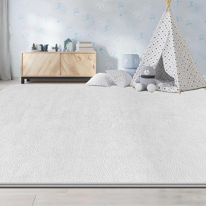 Large Area Rugs for Living Room Bedroom, 7x10 Feet White Rug, Minimalist Modern Shag Rug, Soft Thick Comfy Memory Foam Indoor Carpet, Non-Slip Washable Rug for Boys Girls Dorm Nursery Room Home Decor