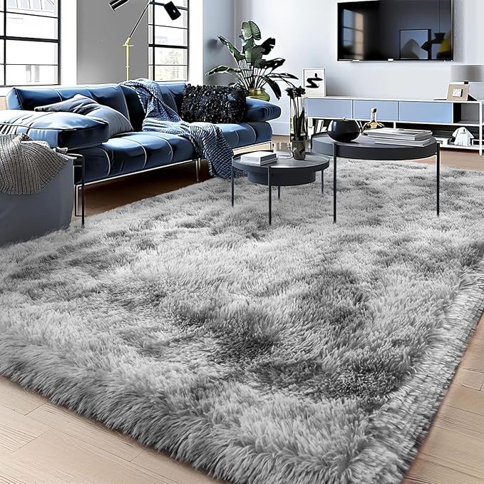 Ultra Soft Fluffy Rugs for Bedroom, Anti-Skid Indoor Carpet Nursery Rugs for Kids Room Home Decor, Rectangular Fuzzy Rug Tie-Dyed Light Grey 6x9 Feet