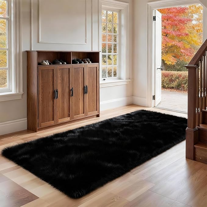 2x6 Solid Fluffy Black Area Rug – Washable, Durable, Small Bedroom Runner Rug, Non-Slip Shag Rugs for Hallway, Living Room, Bedroom, Bedside, Dorms, Kids Room, Nursery Rooms, Soft Indoor Carpet