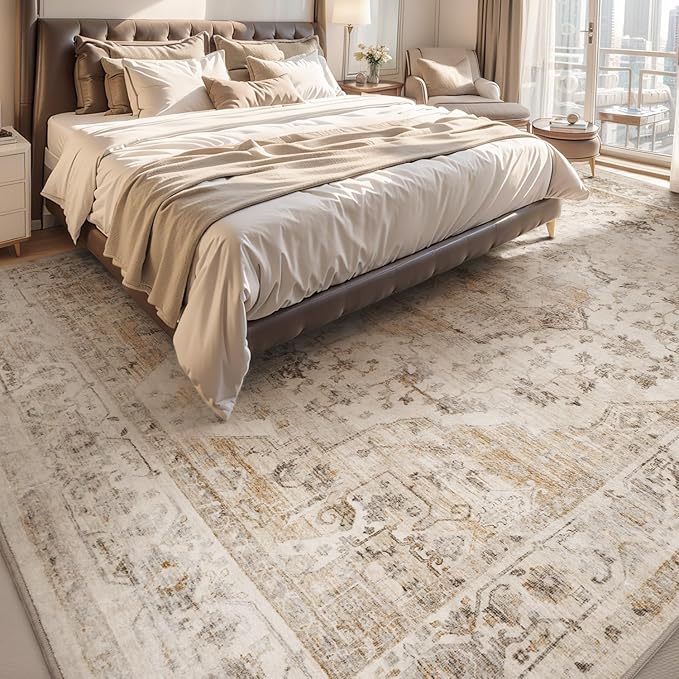 AMOAMI-Area Rug 8FT X 10FT Rugs for Living Room-Vintage Soft Beige Rugs for Bedroom-Non Slip Carpet-Washable Rug for Dining Room Living Room Bedroom Office Under Table