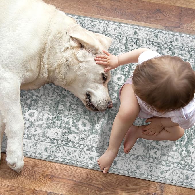 Vintage Floral 2x7 Runner Rug, Sage Green White Washable Kitchen Runner Rug Non-Slip Hallway Rug Runner Boho Super Soft Thin Printed Faux Wool Carpet for Entryway Bedroom Laundry Room Indoor