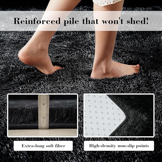 Soft Runner Rugs for Bedroom, Black 3x7 Area Rugs Fluffy Rug Shaggy Area Rug Carpet, Bedside Rug for Living Room Bedroom Kids Room Home Decor