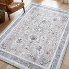 Phantoscope Washable Area Rug 8'x10' Non-Slip, Vintage Neutral Rugs for Living Room, Bedroom, Dining Room, Distressed Boho Floral Medallion Pattern, Low-Pile Foldable Floor Carpet, Light Grey/Neutral