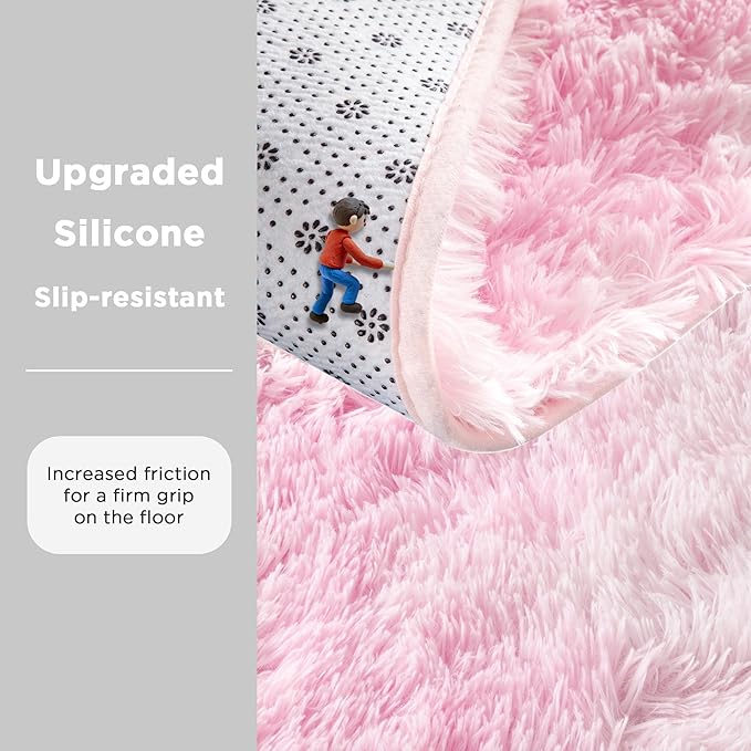Andency 6x9 Area Rugs, Large Shag Fluffy Soft Shaggy Rugs for Living Room Bedroom, Non-Slip Tie-Dyed White Pink Thick Plush Carpet for Kids Girls and Boys, Dorm Nursery Home Decor Aesthetic