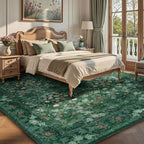 Green Floral 8x10 Living Room Area Rug, Washable Vintage Distressed Rug for Bedroom, Dining Room Under Kitchen Table, Large Low Pile Non Slip Carpet - Soft Boho Botanical Accent Mat
