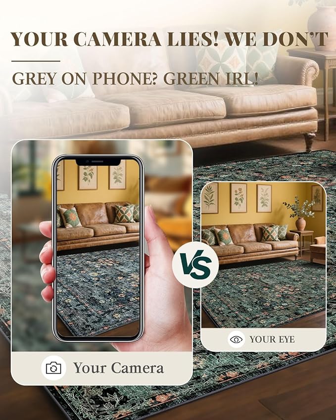 Dark Green Boho 5x7 Area Rugs for Bedroom Aesthetic, Washable Floral Rug for Living Room, Nursery - Low Pile Non Slip French Country Carpet for Dining Room Under Table - Botanical Mat for Indoor