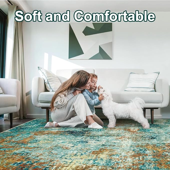 Washable Area Rugs for Living Room 9x12 - Large Neutral Modern Abstract Rug, Soft Low Pile Carpet with Non Slip Backing for Under Dining Room Table, Bedroom, Home, Office, Dorm - Teal Brick