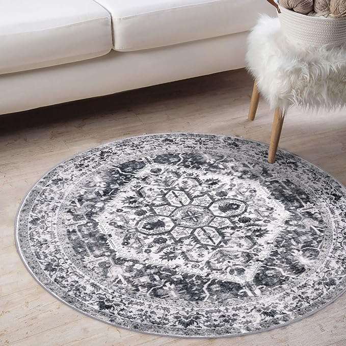 KOZYFLY Round Rug 3 Ft Rugs for Entryway Washable Circle Entrance Rug Non Slip Round Doormat Indoor Printed Faux Wool Round Front Door Mat Floor Carpet for Backdoor, Entryway, Bedroom, Grey