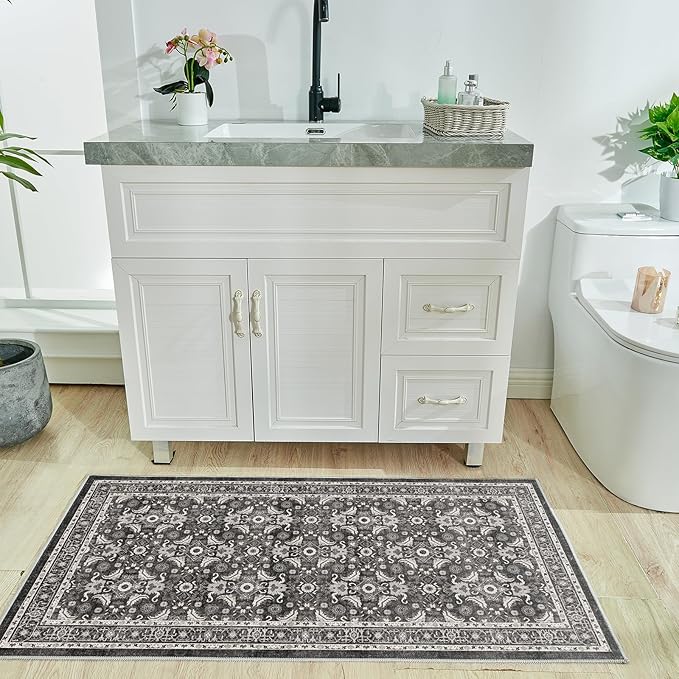 WITSHOCK Washable 2x4 Entryway Area Rug: Soft Non-Slip Backing Washable Rugs Vintage Flower Boho Accent Small Rugs for Bedroom, Kitchen, Bathroom, Nursery Entrance,Black