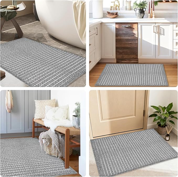 Grey Bathroom Rugs,24"x36"Non Slip Braided Vintage Bath Mat for Bathroom Floor Washable Boho Luxury Bath Rug for Tub Soft Absorbent Shower Sink Mat