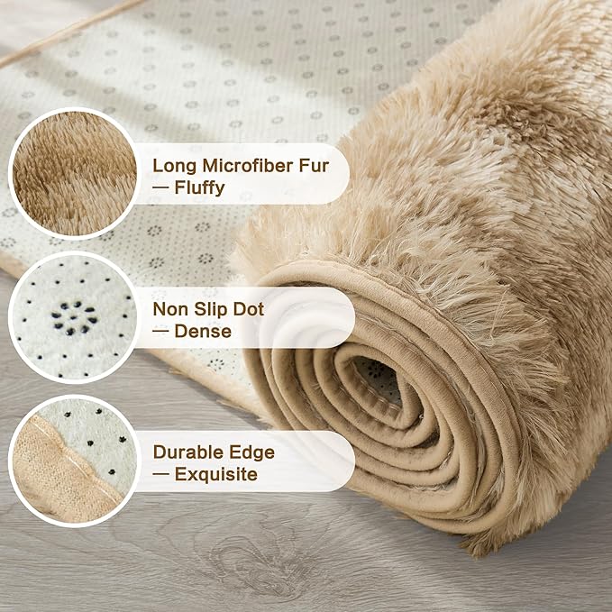 Andency 8x10 Area Rugs for Living Room, Upgrade Non-Slip Fluffy Soft Large Shag Bedroom Carpet, Tie-Dyed Khaki Big Indoor Thick Nursery Rug for Kids Dorm Home Decor Aesthetic
