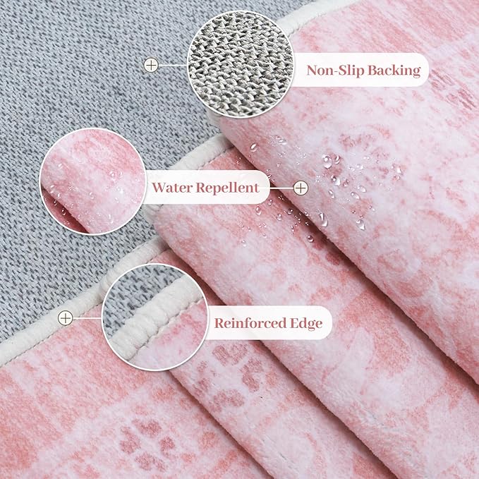 LIVEBOX Pink Area Rug 4x6, Vintage Living Room Rug Machine Washable Area Rugs, Pink Rugs for Bedroom Girls, Indoor Carpet for Dining Room Nursery Dorm Home Decor