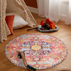 Lahome Bohemian Floral Medallion Round Rug - 3Ft Small Hot Pink Round Area Rug for Girls Bedroom Nursery Mat, Boho Washable Soft Indoor Throw Entryway Carpet for Living Room Office Coffee Table
