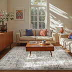 jinchan Kalen Area Rug 6x9 Washable Living Room Rug Vintage Indoor Large Floor Cover Retro Distressed Floral Country Boho Lightweight Non Slip Thin Carpet for Kitchen Bedroom Dining Room Office Blue