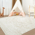 Vintage Living Room Area Rug - 6x9 Large Machine Washable Boho Area Rug Distressed Floral Rugs for Bedroom, Soft Non-Slip Indoor Floor Accent Rugs for Office Dining Room (Cream Beige, 6'x9')
