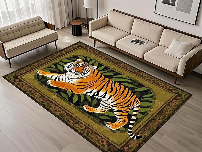 Tiger Area Rug,4x5ft, Tiger Print Rug,Tiger Themed Stylish Rug, Bohemian Vintage Tiger Print Rug, Non-Slip Washable Rug for Living Room Bedroom Dining Room Kids Room Decoration