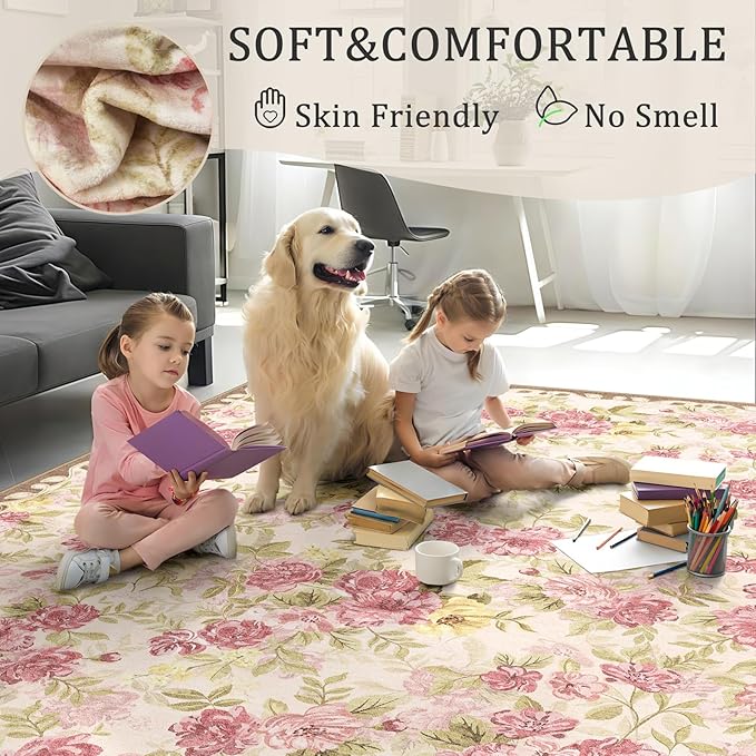 8x10 Machine Washable Area Rug for Living Room, Pink Vintage Boho Floral Rug Large Non-Slip Low Pile Soft Faux Wool Carpet, Kids and Pets Friendly for Bedroom Dining Room Farmhouse Home Decor Rug
