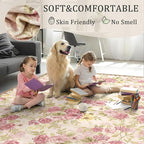 8x10 Machine Washable Area Rug for Living Room, Pink Vintage Boho Floral Rug Large Non-Slip Low Pile Soft Faux Wool Carpet, Kids and Pets Friendly for Bedroom Dining Room Farmhouse Home Decor Rug