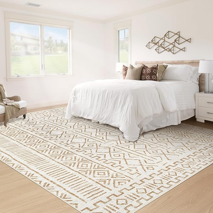 5x7 Area Rug Living Room: Washable Boho Geometric Moroccan Rug Neutral Modern Farmhouse Indoor Soft Non Slip Ultra Thin Printed Pattern Carpet for Dining Room Bedroom Nursery Home (BeigeBrown, 5'x7')