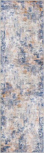 Modern Abstract Runner Rug for Bedroom 2x7, Grey Blue Orange Multi Washable Kitchen Runner, Non-Slip Soft Thin Faux Wool Mat for Entryway, Hallway, Laundry Room Indoor