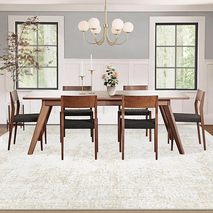 Vintage Living Room Area Rug - 9x12 Large Machine Washable Boho Moroccan Rug Distressed Farmhouse Rugs for Bedroom - Soft Non-Slip Indoor Carpet for Dining Room Office Nursery(Ivory, 9'x12')