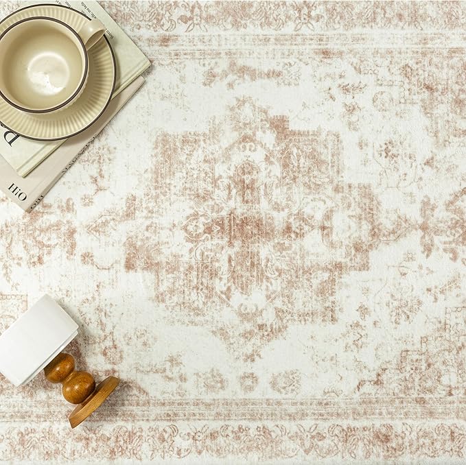 Runner Rug 3x10 Cream Hallway Washable Beige Carpet Non Slip Vintage Medallion Beige Carpet Low Pile Soft Distressed Retro Indoor Long Rug for Entryway Kitchen Bathroom Laundry Bedroom