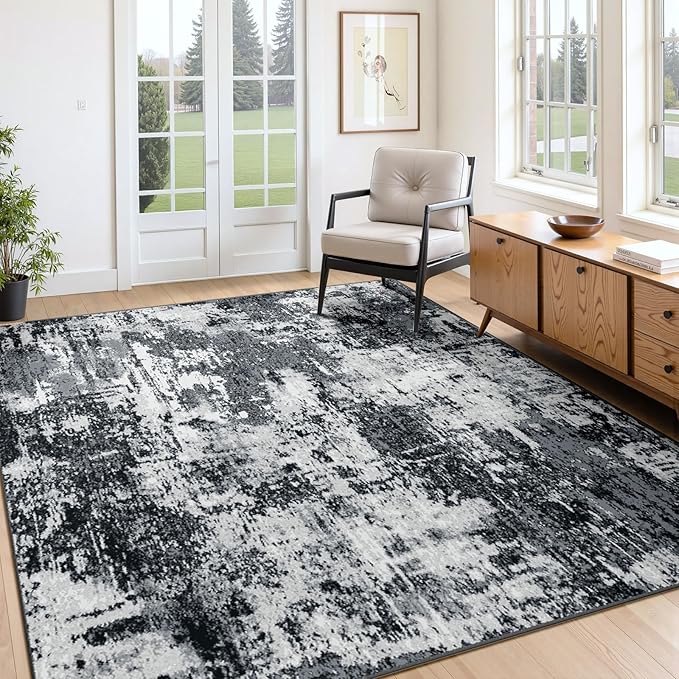 Washable Area Rugs 4'x5' Non-Slip Modern Abstract Soft for Living Room Entryway Bedroom Nursery, Print Pattern, Black Gray